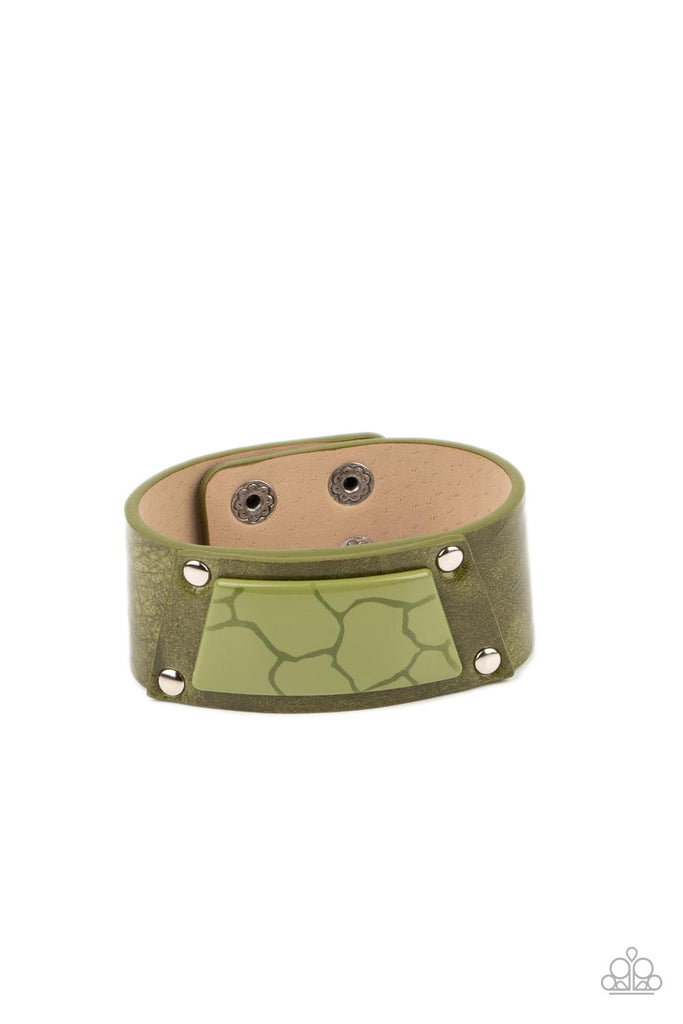 geo-glamper-green Featuring a faux marble finish, a green acrylic centerpiece attaches to an Olive Branch leather frame that is studded in place along a distressed Olive Branch leather band for a colorfully rustic fashion. Features an adjustable snap closure.  Sold as one individual bracelet.