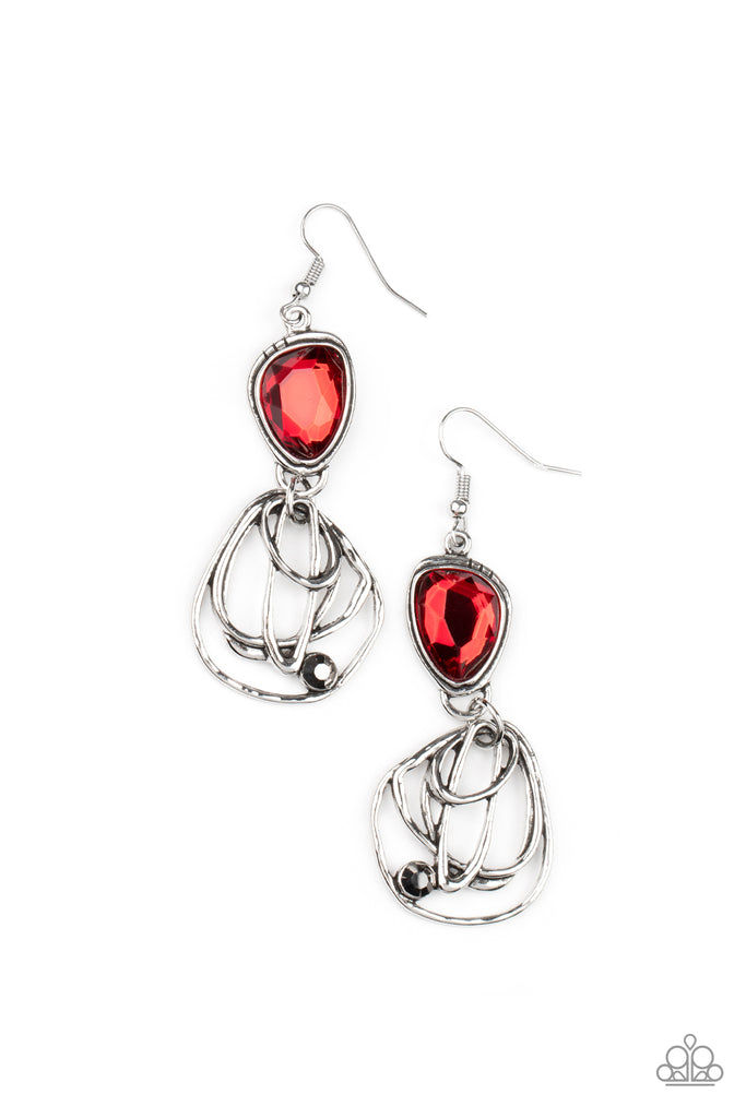 galactic-drama-red Encased in a stacked silver frame, an asymmetrical red gem gives way to a dizzyingly abstract silver frame dotted with a single hematite rhinestone for an edgy finish. Earring attaches to a standard fishhook fitting.  Sold as one pair of earrings.