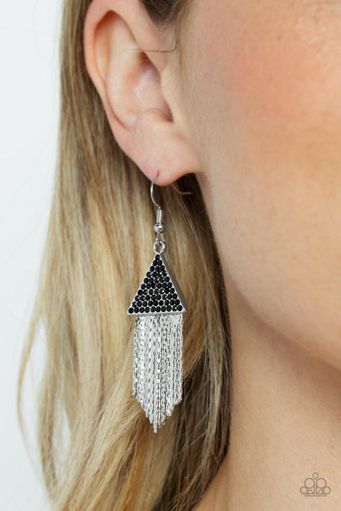 Encrusted in dainty black rhinestones, a silver triangle frame gives way to a tapered fringe of flat silver chains for a smoldering effect. Earring attaches to a standard fishhook fitting.  Sold as one pair of earrings.