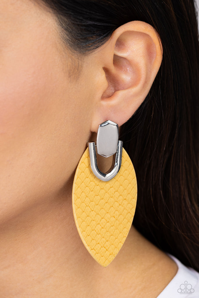 Wildly Workable - Yellow Leather Earring-Paparazzi