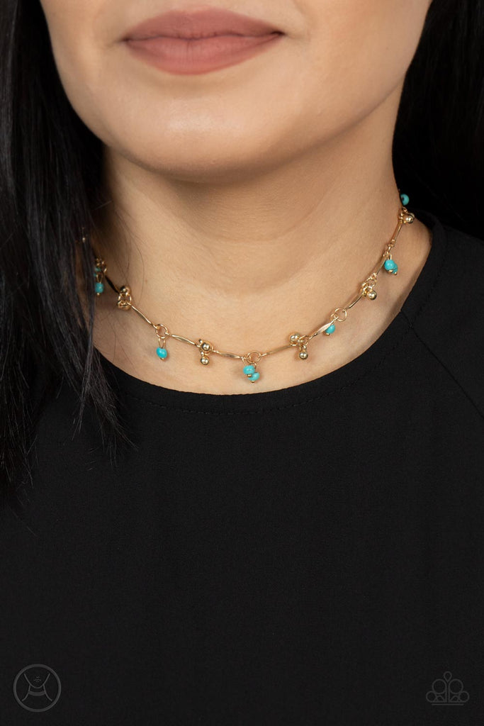 Pairs of dainty gold beads and turquoise stone beads dangle between faceted gold bars that interconnect around the neck, creating an earthy fringe. Features an adjustable clasp closure.  Sold as one individual choker necklace. Includes one pair of matching earrings.  