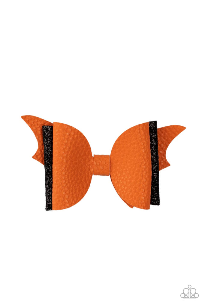 A soft orange leather bow and a sparkling black bow pair up to create a SPOOK-tacular impact over the silhouette of orange bat wings. Features a standard hair clip on the back.  Sold as one individual hair clip.  