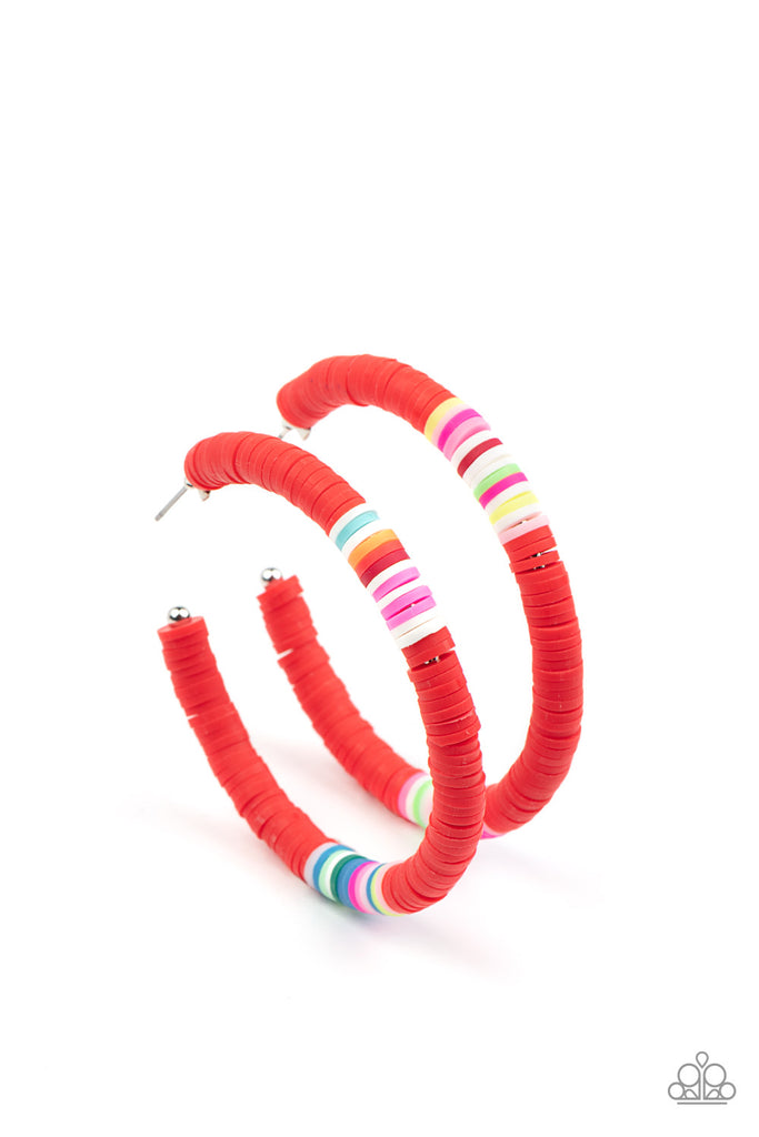 colorfully-contagious-red  Rubbery red, blue, green, pink, orange, yellow, and white bands are threaded along an oversized silver hoop, creating a courageous pop of color. Earring attaches to a standard post fitting. Hoop measures approximately 2 1/4" in diameter.  Sold as one pair of hoop earrings.