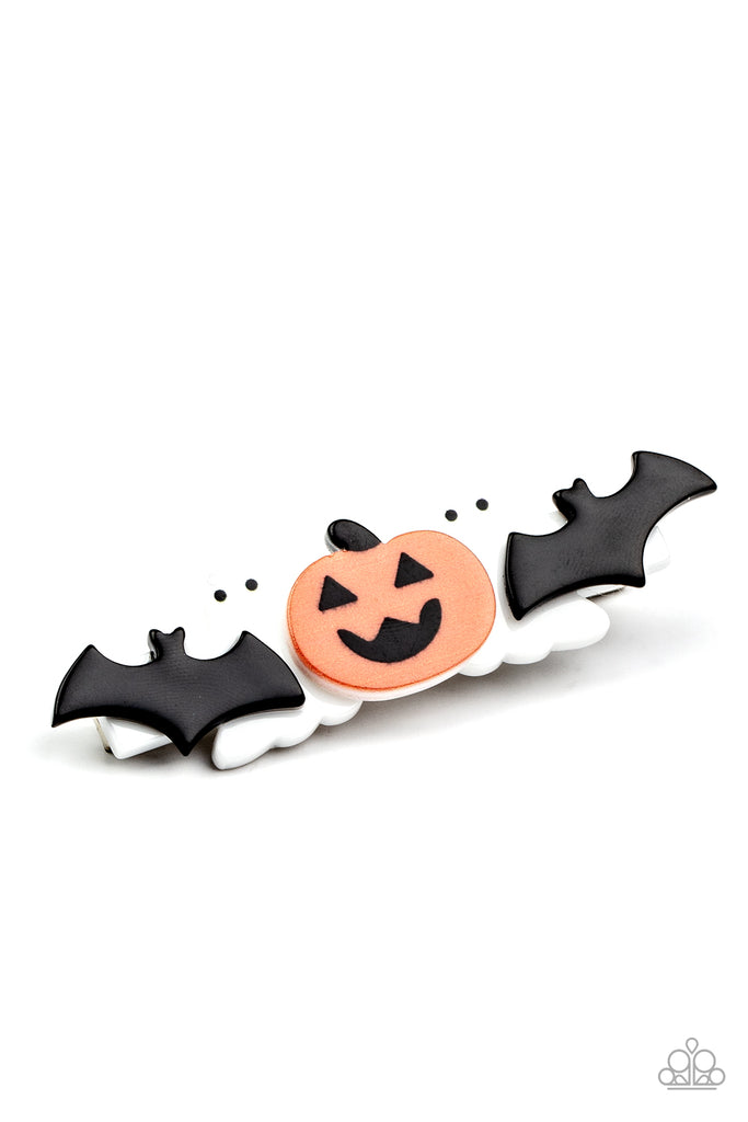 Pairs of black bats and white ghosts flank a spooky pumpkin, creating a SPOOK-tacular centerpiece. Features a standard hair clip on the back.  Sold as one individual hair clip.  