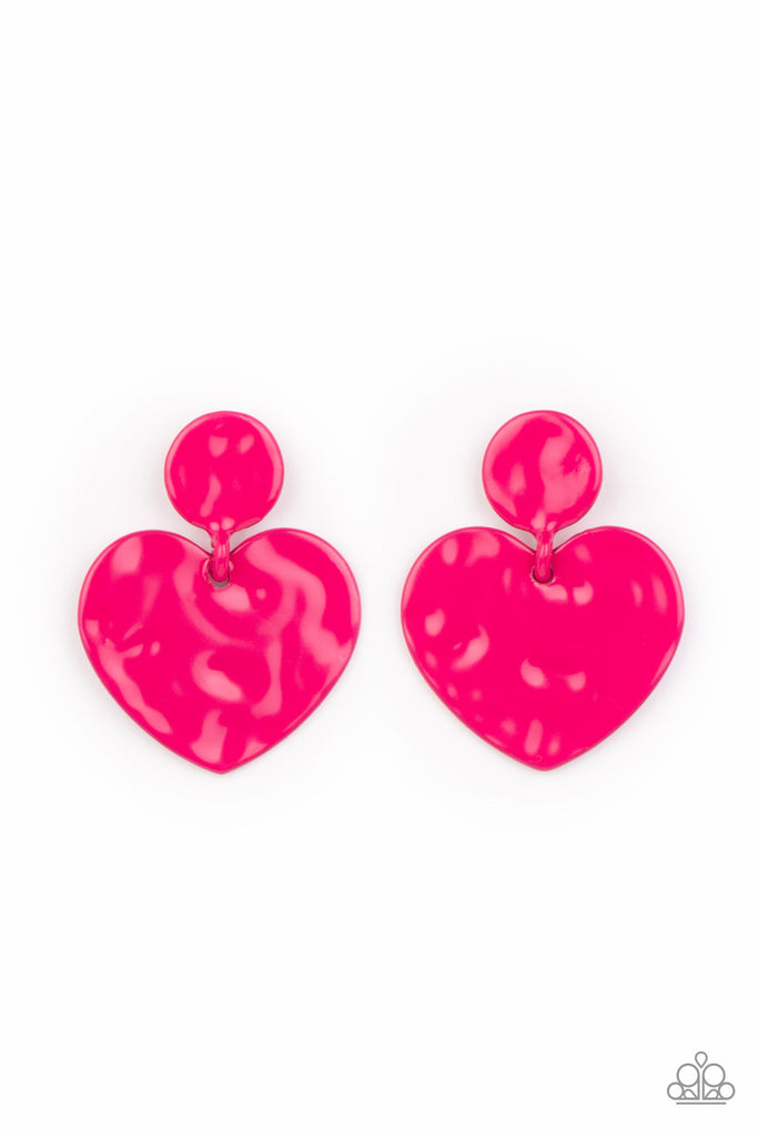 just-a-little-crush-pink  Painted in a glossy Fuchsia Fedora finish, a hammered disc gives way to a hammered heart frame for a flirtatious fashion. Earring attaches to a standard post fitting.  Sold as one pair of post earrings.