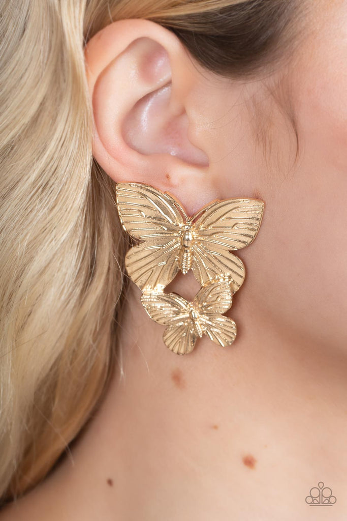 Blushing Butterflies - Gold Butterfly Earring-Paparazzi