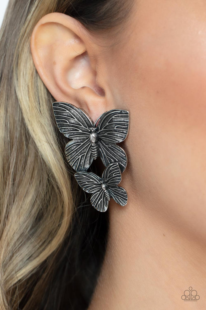 Blushing Butterflies - Silver Earring-Paparazzi