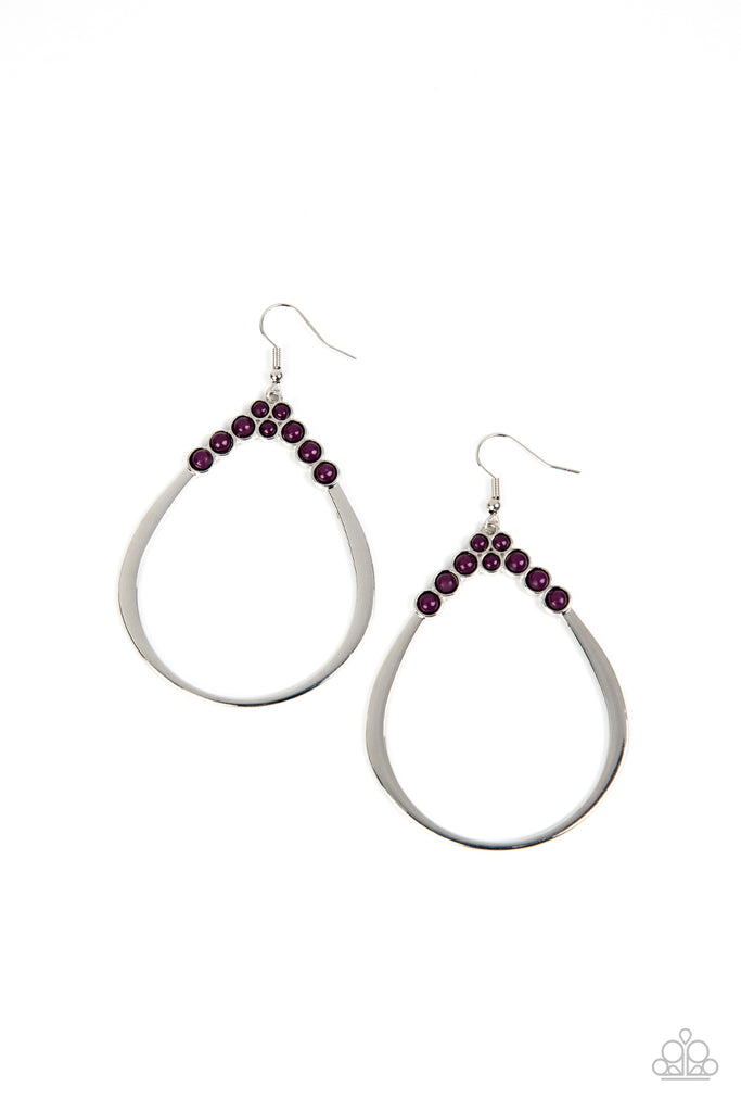 festive-fervor-purple  The top of a shiny silver teardrop is dotted in dainty plum beads, adding a bubbly pop of color to the ear. Earring attaches to a standard fishhook fitting.  Sold as one pair of earrings.