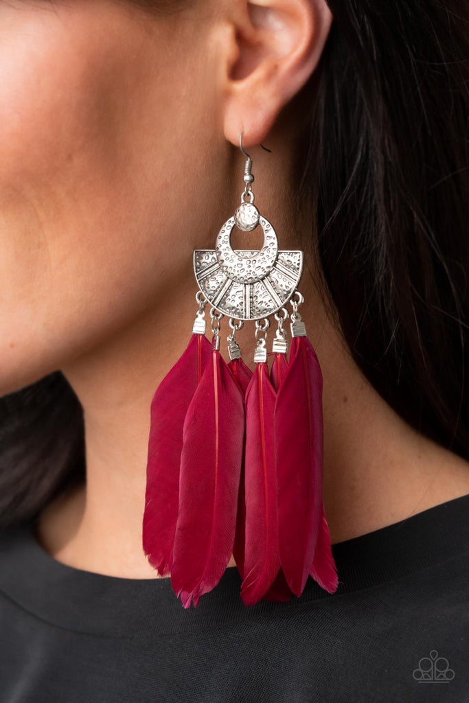 Plume Paradise - Red Feather Earring-Paparazzi