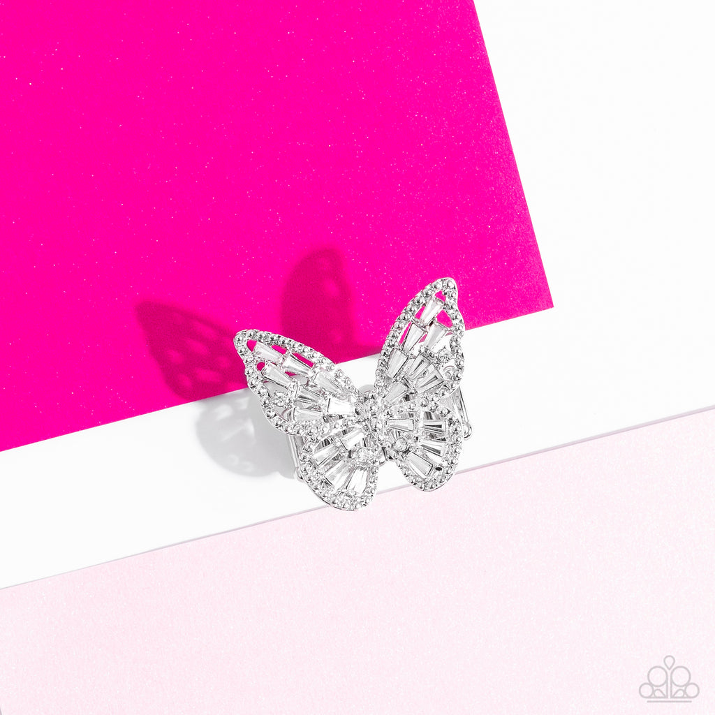 Bright-Eyed Butterfly - White Butterfly Ring-Paparazzi