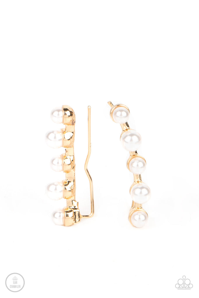 Drop-Top Attitude - Gold Pearl Crawler Earring-Paparazzi