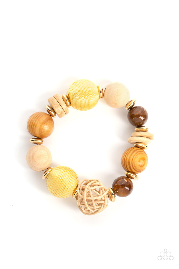 Happily Homespun - Yellow Wood Bracelet-Paparazzi