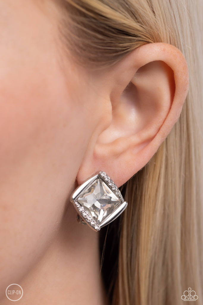 Sparkle Squared - White Clip-On Earring-Paparazzi