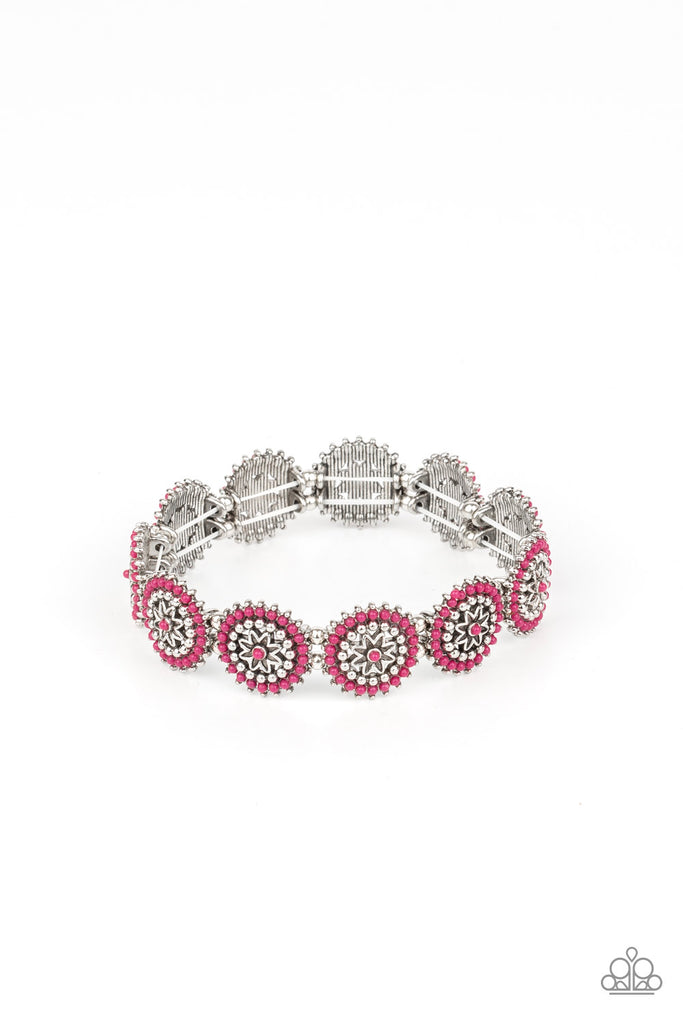 Dotted in dainty Pink Peacock beads, studded silver floral frames are delicately threaded along stretchy bands around the wrist for a whimsically seasonal look.  Sold as one individual bracelet.