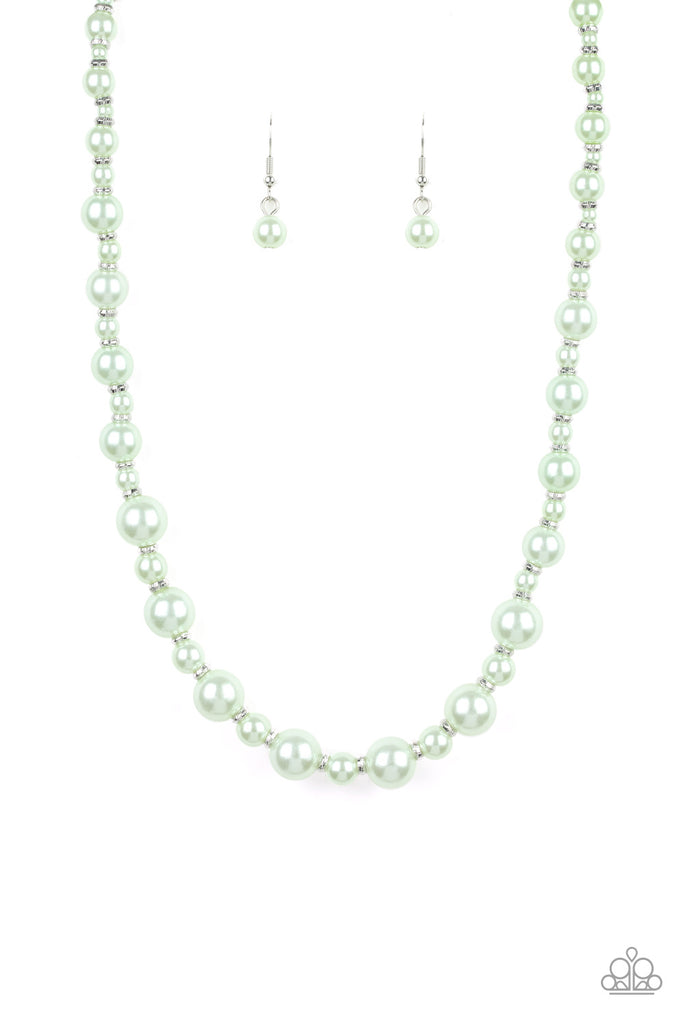 Infused with dainty silver accents, a collection of dainty and classic green pearls are threaded along an invisible wire below the collar for a timeless look. Features an adjustable clasp closure.  Sold as one individual necklace. Includes one pair of matching earrings.   Get The Complete Look! Bracelet: "Powder and Pearls - Green" (Sold Separately)
