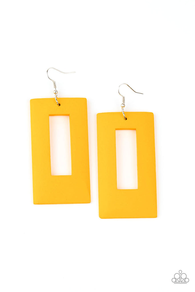 Totally Framed - Yellow Wood Earring-Paparazzi