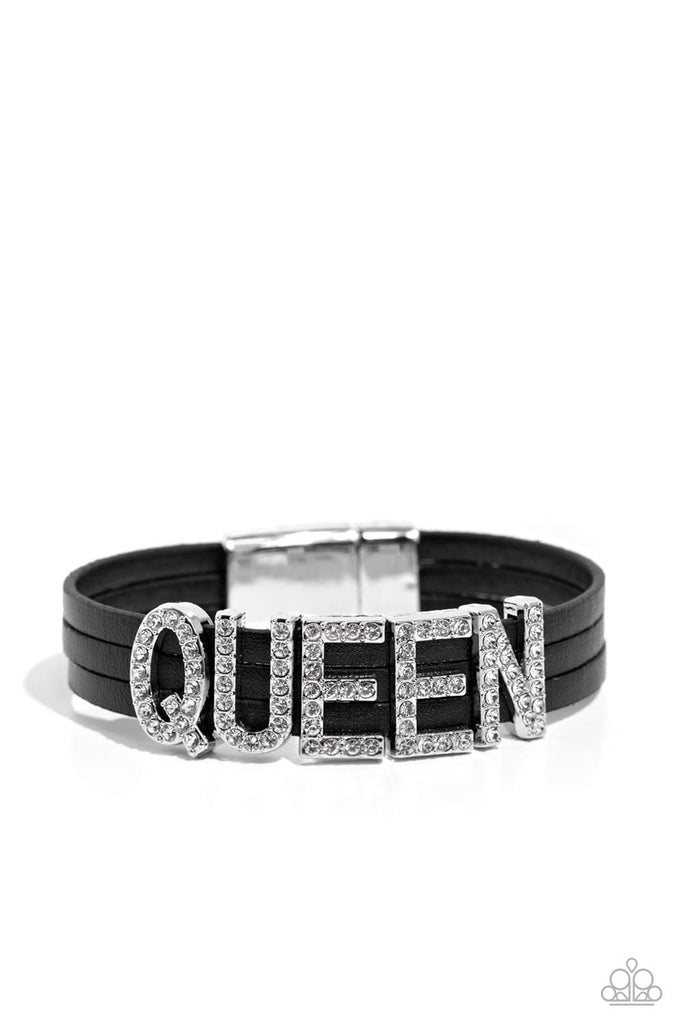 Queen of My Life - Black Leather Magnetic Bracelet-Paparazzi-LOTP112023 - The Sassy Sparkle