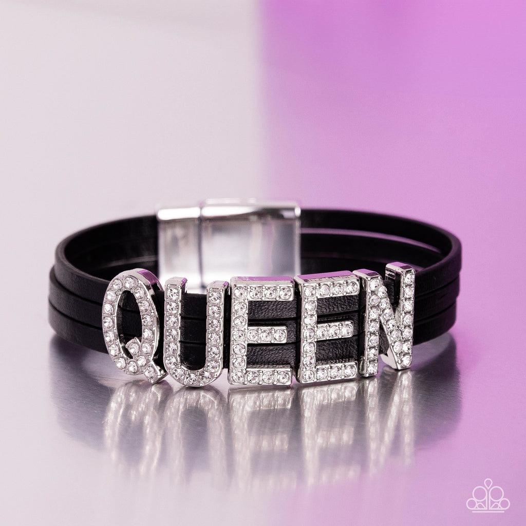 Queen of My Life - Black Leather Magnetic Bracelet-Paparazzi-LOTP112023 - The Sassy Sparkle