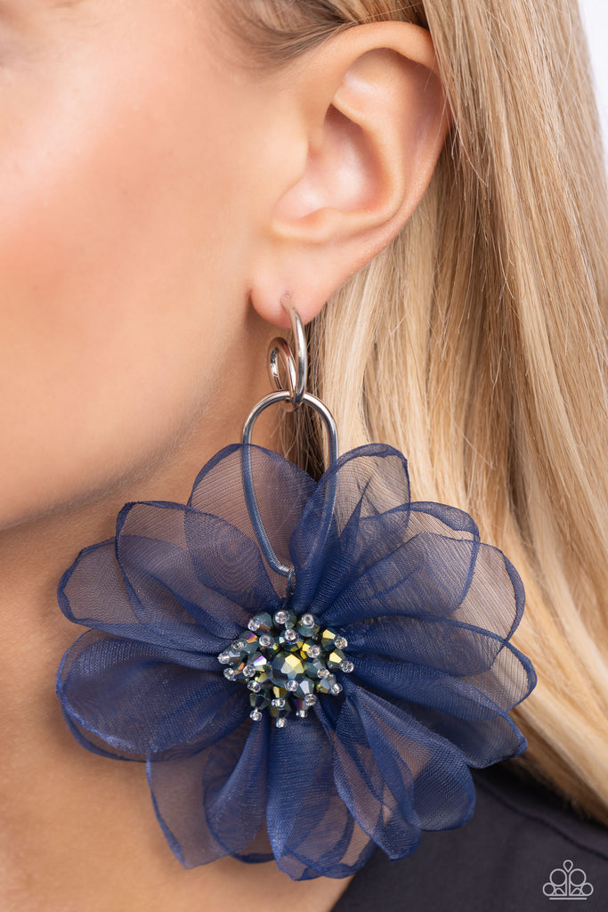 Cosmopolitan Chiffon - Blue Post Hoop Earring-Paparazzi - The Sassy Sparkle