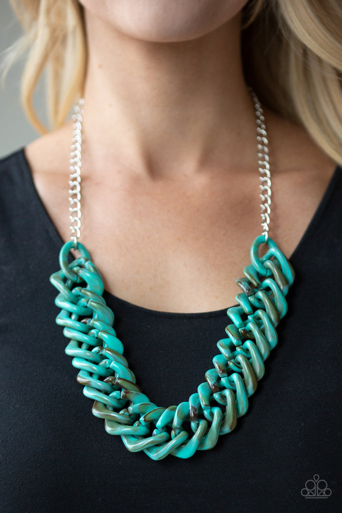 Brushed in a faux marble finish, square turquoise acrylic links subtlety twist as they link below the collar for a colorful statement-making look. Features an adjustable clasp closure.  Sold as one individual necklace. Includes one pair of matching earrings.