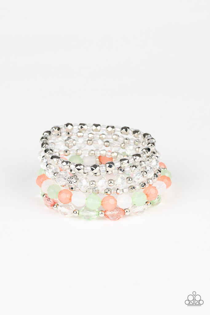 Crystal Collage-Multi Bracelet-Stretchy-Set of 6-Green-Coral-White-Paparazzi - The Sassy Sparkle
