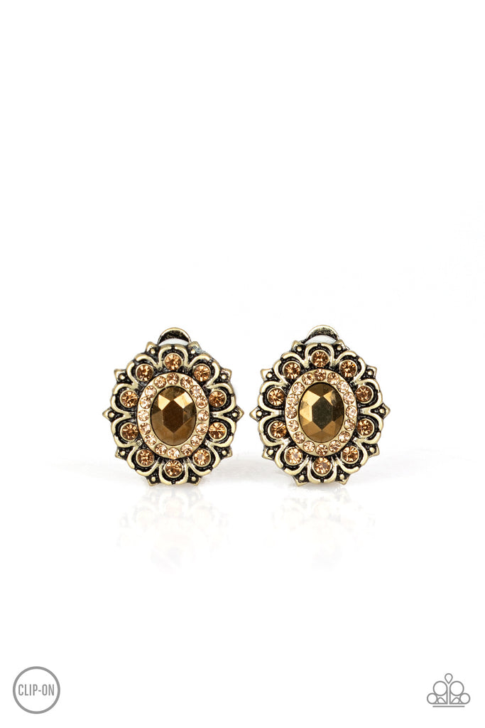 Flowering Dazzle-Brass Clip On Earrings-Paparazzi - The Sassy Sparkle