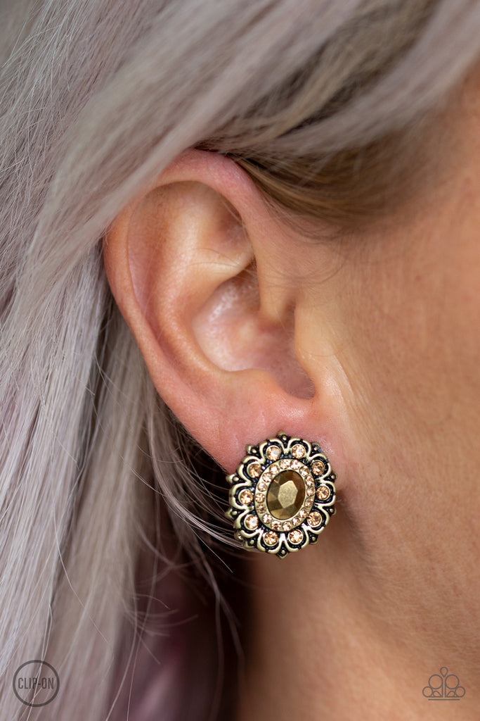 Flowering Dazzle - Brass Clip-On Earring-Paparazzi