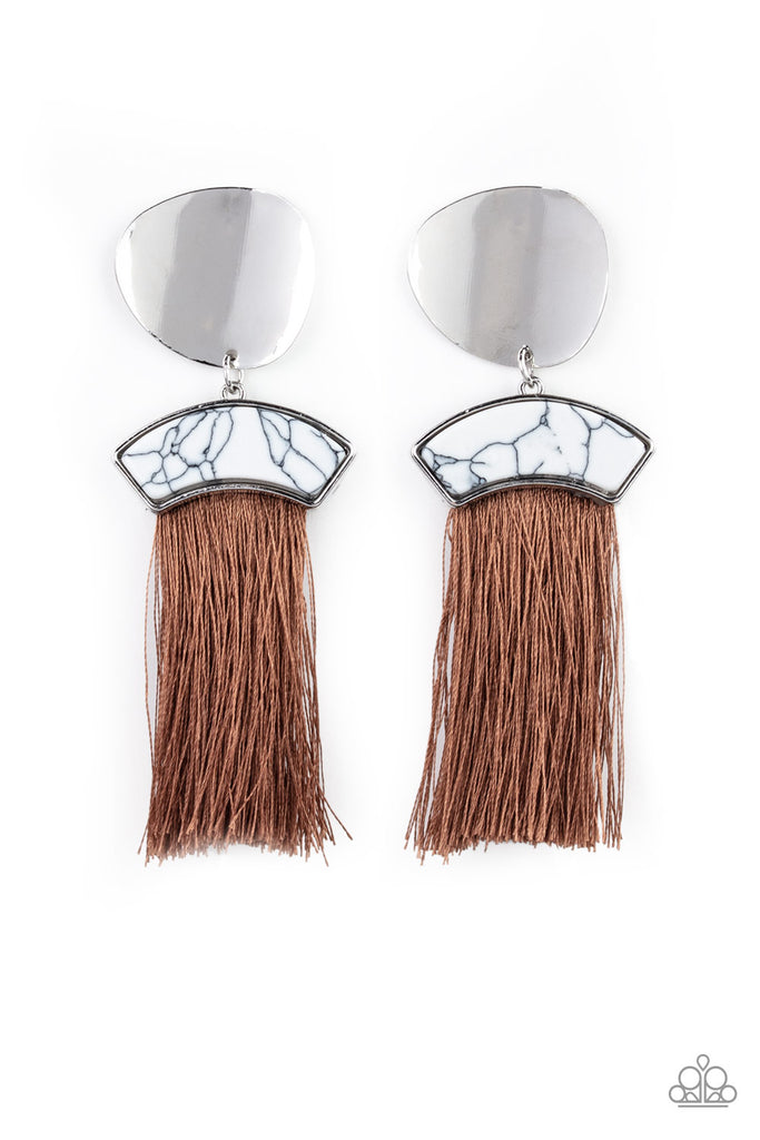 Insta Inca-Brown Fringe and White Stone Post Earring-$5 Paparazzi - The Sassy Sparkle