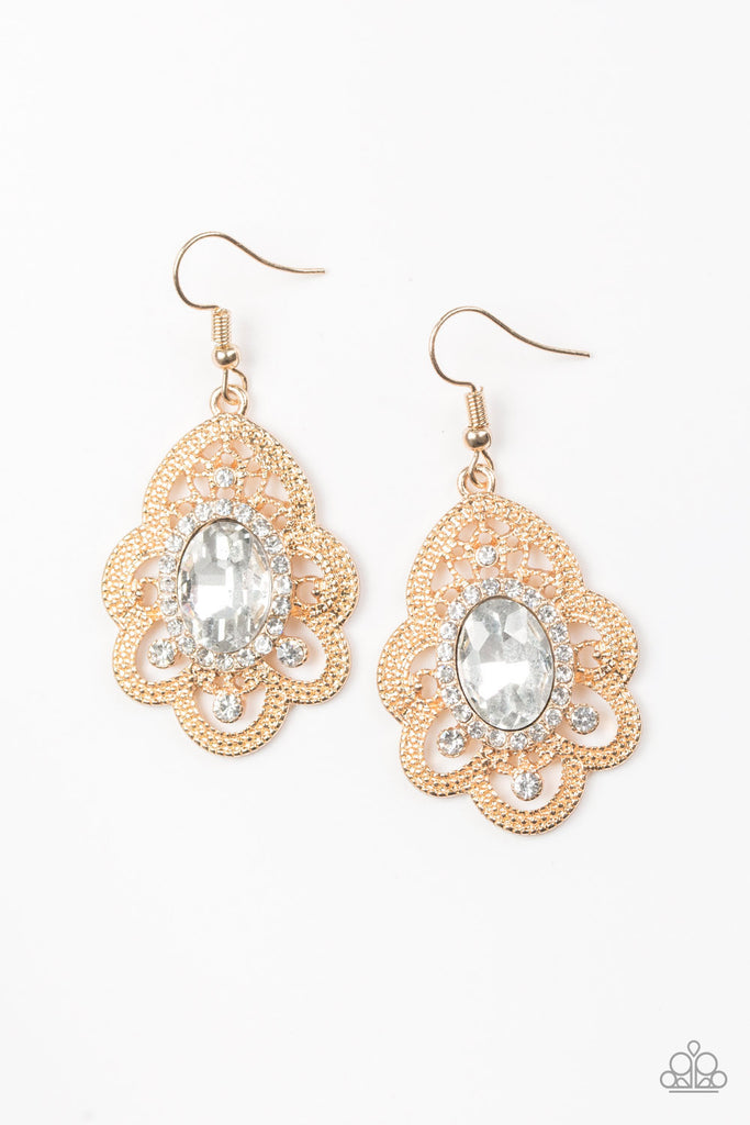 Reign Supreme-Gold and White Rhinestone Earrings-Paparazzi - The Sassy Sparkle