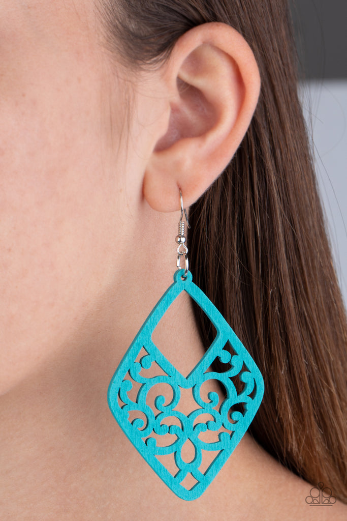 Brushed in a refreshing blue finish, wooden vine-like filigree climbs an airy kite-shaped frame for a seasonal vibe. Earring attaches to a standard fishhook fitting.  Sold as one pair earrings. 