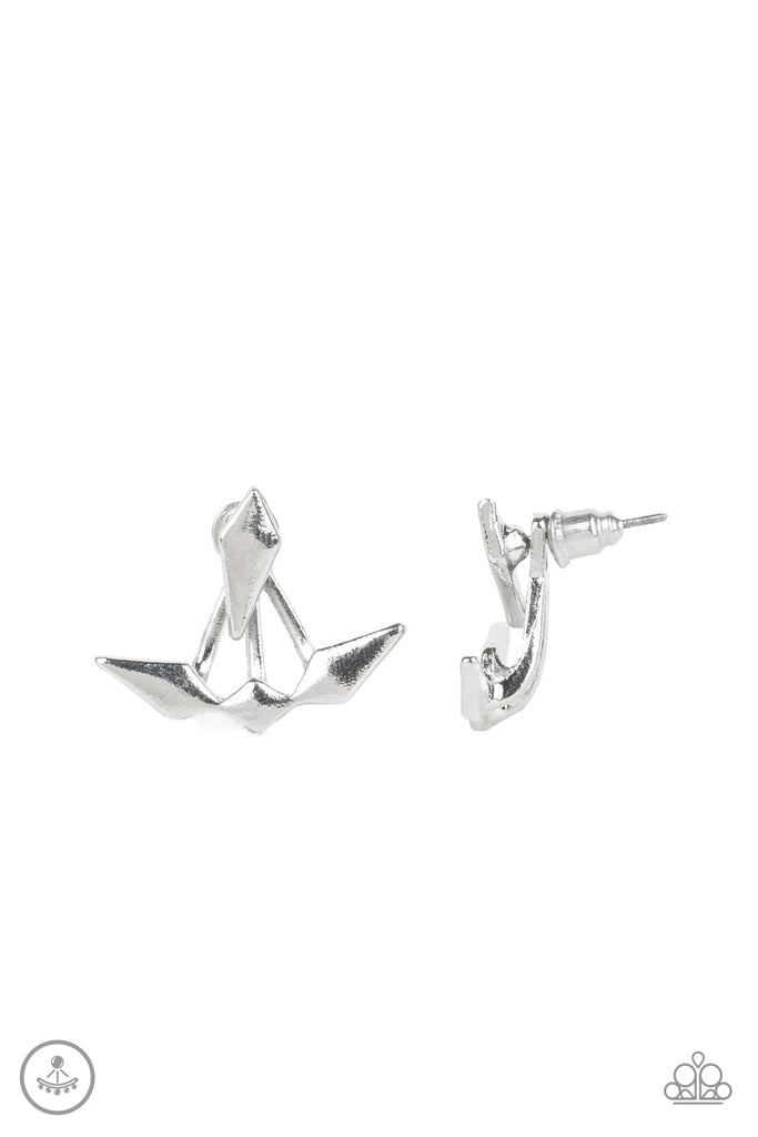 A solitaire silver kite-shaped frame attaches to a double-sided post, designed to fasten behind the ear. Infused with matching kite-shaped frames, the double sided-post peeks out beneath the ear for an edgy look. Earring attaches to a standard post fitting.  Sold as one pair of double-sided post earrings.