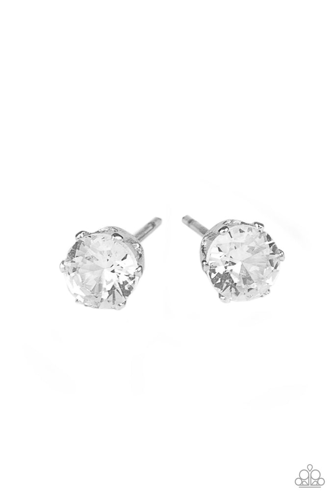 A classic white cubic zirconia is pressed into the center of a sleek silver frame for a timeless look. Earring attaches to a standard post fitting. Features a daintier design to accommodate multiple ear piercings.  Sold as one pair of post earrings.