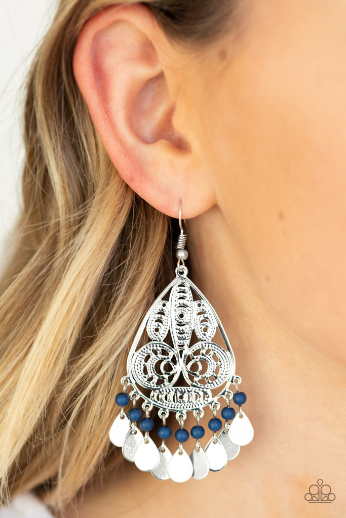 Filled with shimmery filigree detail, a shimmery teardrop frame gives way to an Evening Blue beaded silver teardrop fringe for a whimsical look. Earring attaches to a standard fishhook fitting.  Sold as one pair of earrings.