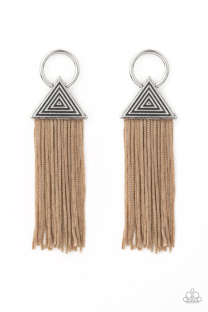 Shiny brown cording streams from the bottom of a hypnotic triangular frame attached to an airy hoop, creating a dramatically tasseled look. Earring attaches to a standard post fitting.  Sold as one pair of post earrings.