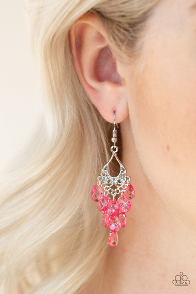 Glassy pink teardrops cascade from the bottom of an ornate silver frame, coalescing into a whimsical chandelier. Earring attaches to a standard fishhook fitting.  Sold as one pair of earrings.