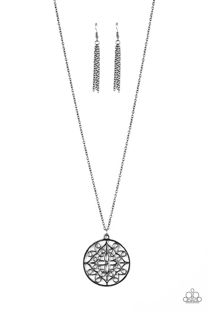 Mandala Melody-black necklace-Gunmetal-pendant-long-Paparazzi - The Sassy Sparkle