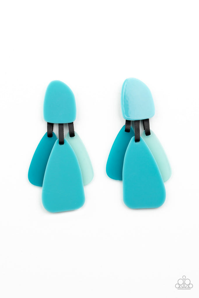Varying in color and opacity, a refreshing collection of asymmetrically teardrop acrylic frames hang from shiny black ribbons at the bottom of a matching acrylic frame for a colorfully retro finish. Earring attaches to a standard post fitting.  Sold as one pair of post earrings.