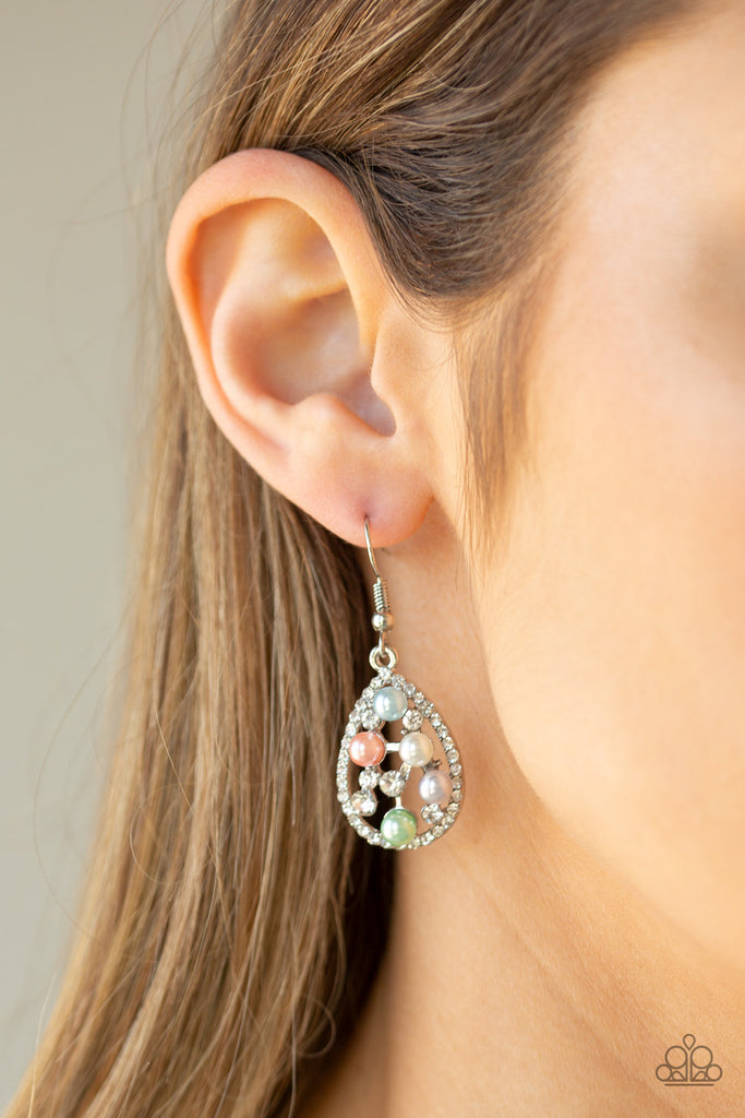 Glassy white rhinestones and pearly multicolored beads are sprinkled along the center of a rhinestone encrusted teardrop for a glamorous look. Earring attaches to a standard fishhook fitting.  Sold as one pair of earrings.