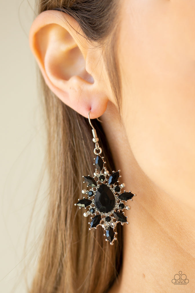 A collection of round white rhinestones and marquise black beads flare out from the center of a faceted black teardrop bead, coalescing into a glamorously colorful frame. Earring attaches to a standard fishhook fitting.  Sold as one pair of earrings.