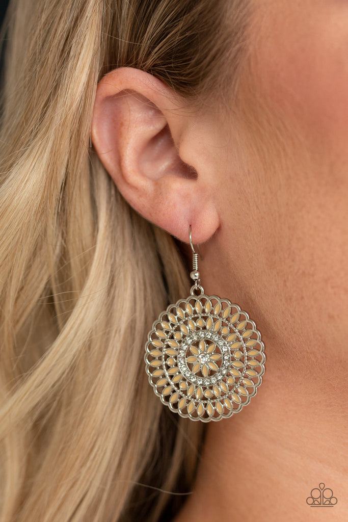 Infused with a ring of dainty white rhinestones, shiny brown petals spin around a frilly silver frame for a whimsical look. Earring attaches to a standard fishhook fitting.  Sold as one pair of earrings.