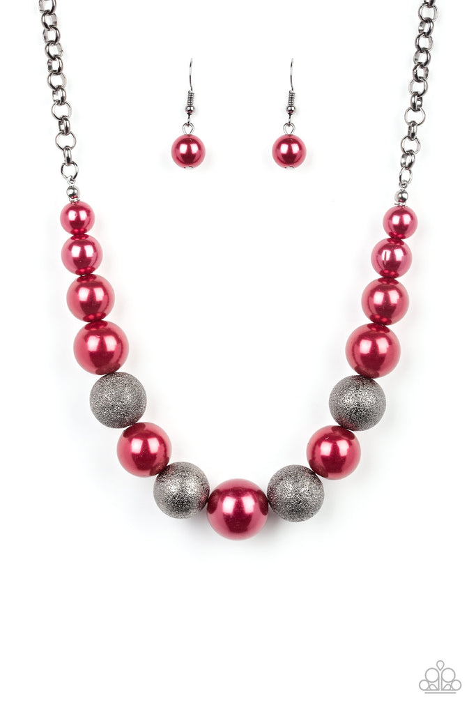 Color Me CEO-Red Pearl and Gunmetal Necklace-Paparazzi - The Sassy Sparkle