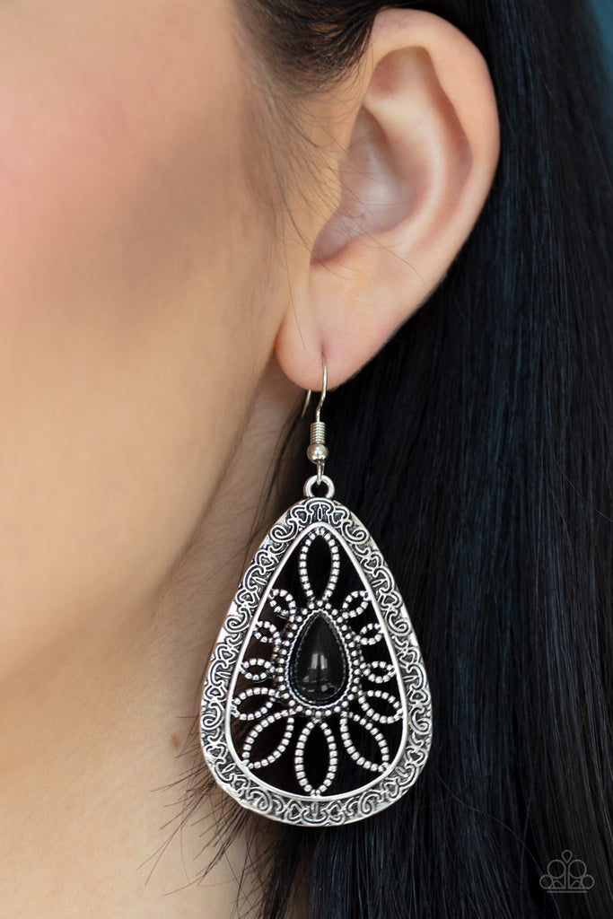 Paparazzi-Floral Frill-Black and Silver Earring - The Sassy Sparkle