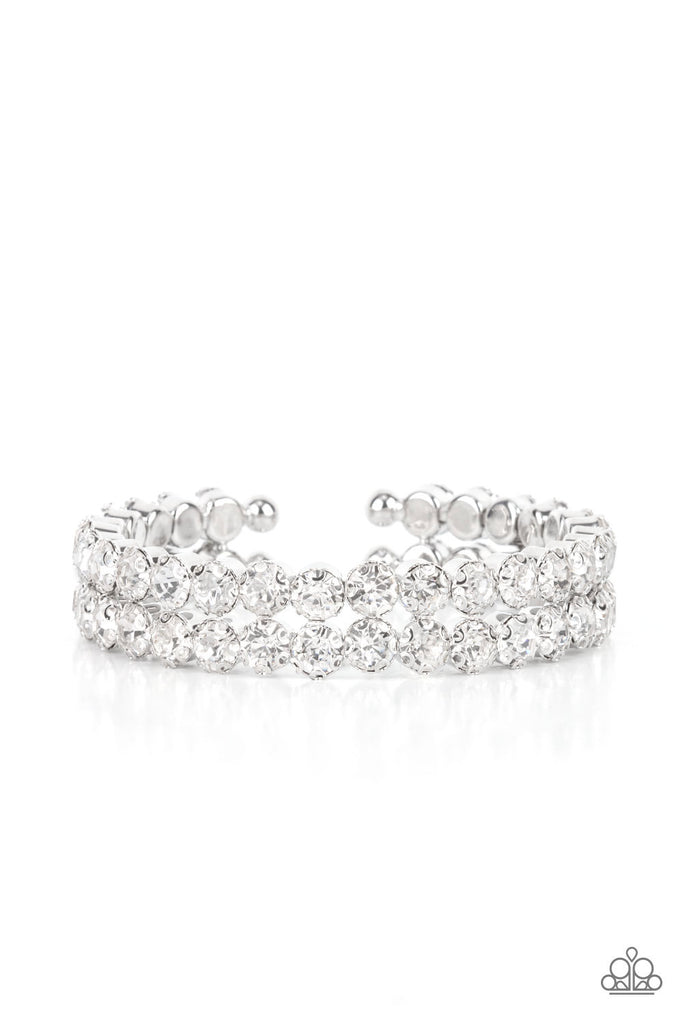 Dec 2021 Life of the Party Exclusive  Encased in sleek silver fittings, two oversized rows of glassy white rhinestones stack into a blinding cuff around the wrist for a jaw-dropping look.  Sold as one individual bracelet.