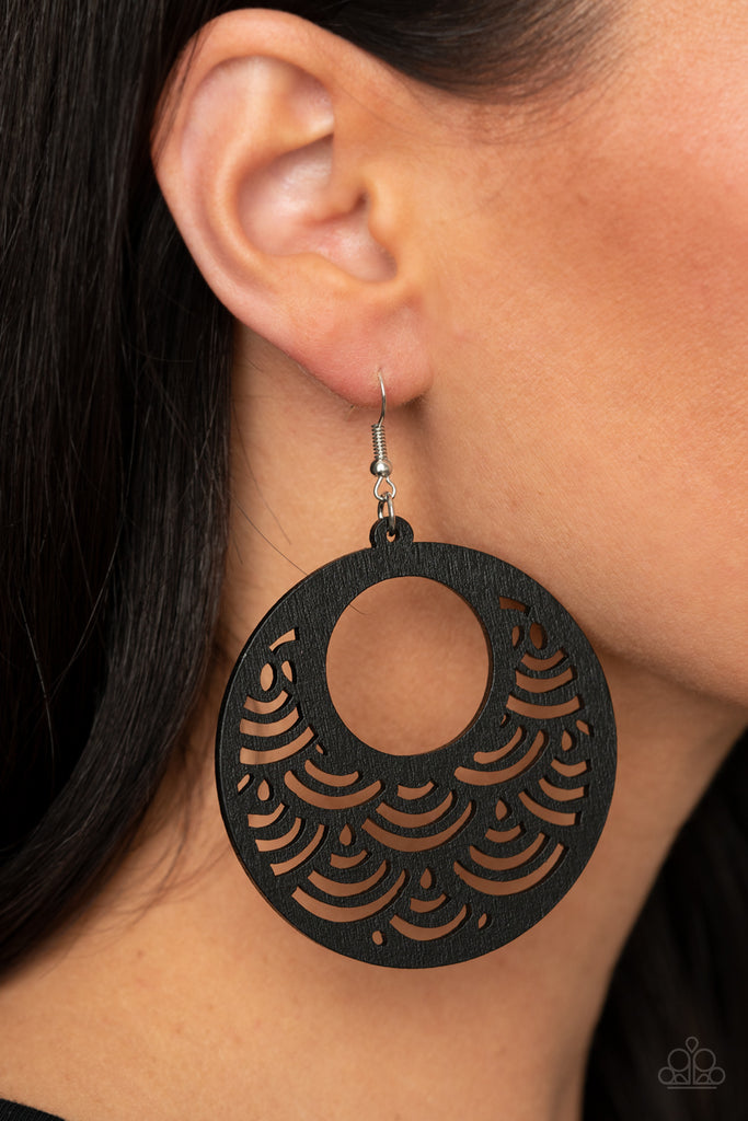 Stenciled in an airy scalloped cutout pattern, a shiny black wooden frame swings from the ear for a colorful tropical inspiration. Earring attaches to a standard fishhook fitting.  Sold as one pair of earrings.