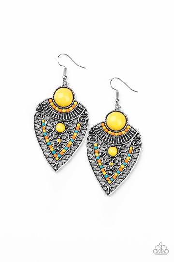 Blue, orange, and yellow beads decorate the front of a spade shaped silver frame radiating with linear and zigzagging details for a tribal inspired look. Earring attaches to a standard fishhook fitting.  Sold as one pair of earrings.