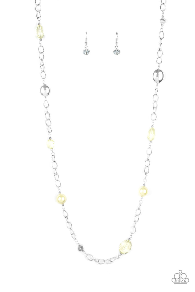 A collection of crystal-like, shiny silver, and pearly yellow beads trickle down a shimmery silver chain for a refined flair. Features an adjustable clasp closure.  Sold as one individual necklace. Includes one pair of matching earrings.