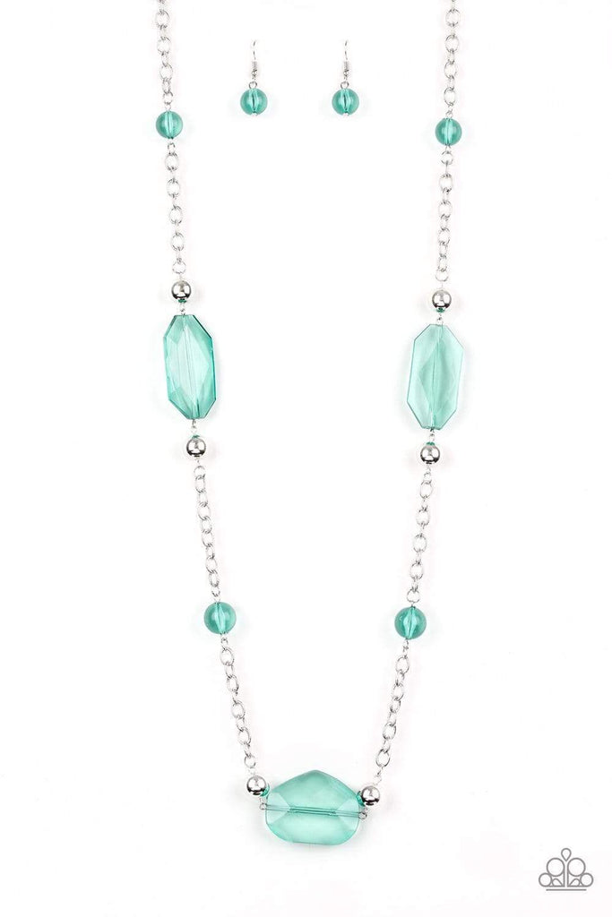 A collection of polished green beads, shiny silver beads, and oversized faceted crystal-like beads trickle along a shimmery silver chain across the chest for a whimsically refined look. Features an adjustable clasp closure.  Sold as one individual necklace. Includes one pair of matching earrings.