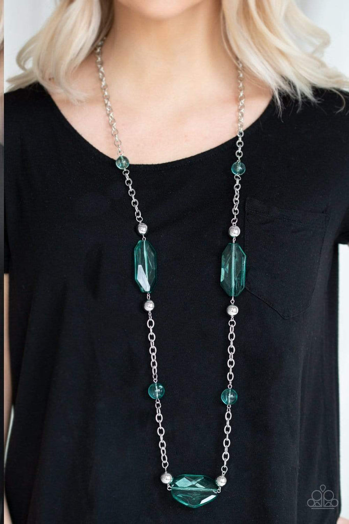 A collection of polished green beads, shiny silver beads, and oversized faceted crystal-like beads trickle along a shimmery silver chain across the chest for a whimsically refined look. Features an adjustable clasp closure.  Sold as one individual necklace. Includes one pair of matching earrings.