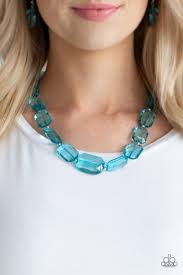 Infused with dainty silver beads, glassy blue emerald-cut beads gradually increase in size as they drape below the collar. Features an adjustable clasp closure.  Sold as one individual necklace. Includes one pair of matching earrings. 