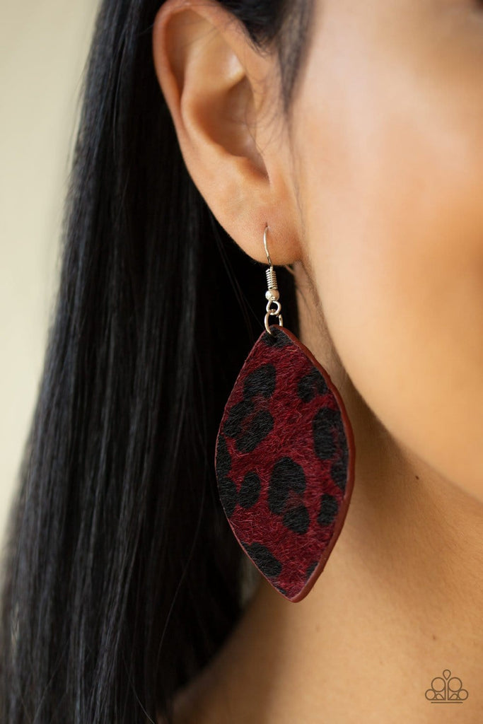 Featuring black cheetah print, a fuzzy red almond-shaped frame swings from the ear for a wild look. Earring attaches to a standard fishhook fitting.  Sold as one pair of earrings.